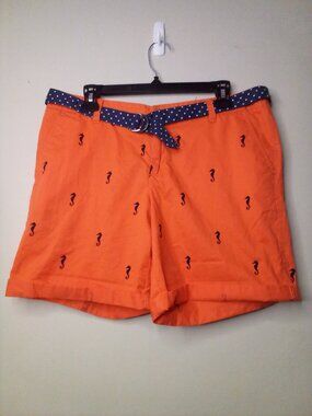 Merona Shorts Women 10 Cotton Belt Sea Horses Orange Blue